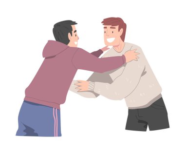 İki Gülümseyen Adam, Arkadaşların Neşeli Buluşması, Erkek Arkadaşlığı Çizgi Film Modeli Vektör İllüzyonu