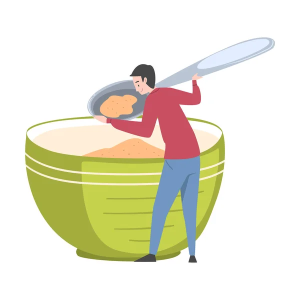 Tiny Man Holding Huge Spoon and Eating Cereal Out of Large Bowl Vector Illustration — Stock Vector