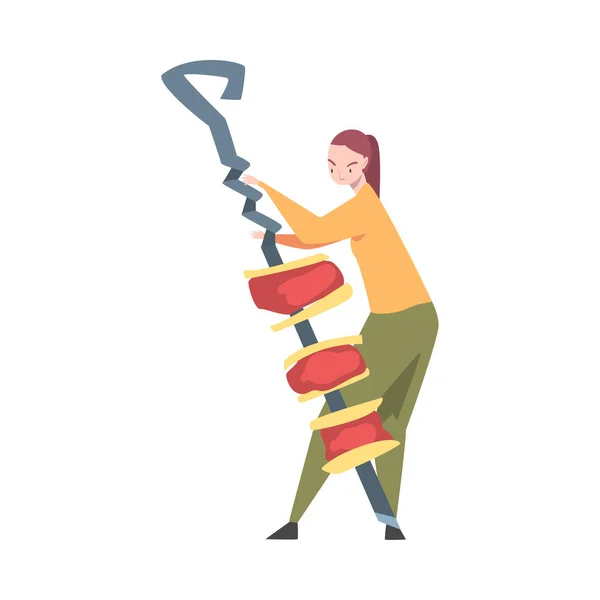 Petite femelle portant énorme shashlik sur brochette illustration vectorielle — Image vectorielle