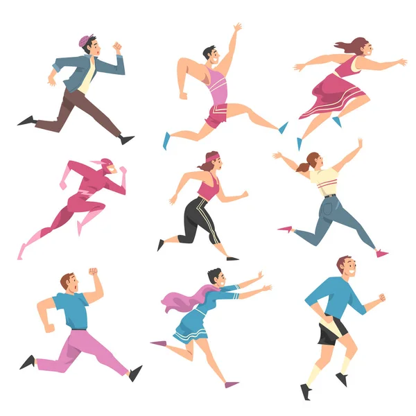 Personaggi della gente che corrono e spingono in avanti in un set di illustrazioni vettoriali di fretta — Vettoriale Stock