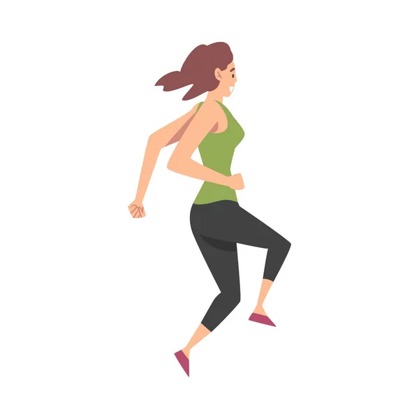 Mladá žena oblečená v sportovní oblečení Jogging nebo běh, sportovní soutěž, venkovní ranní cvičení, zdravý aktivní životní styl koncepce karikatura styl vektorové ilustrace — Stockový vektor