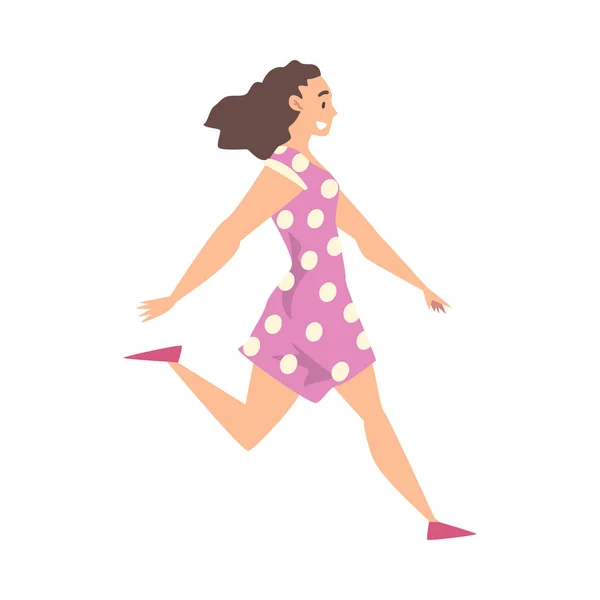 Fröhlich laufende junge Frau in lässiger Kleidung im Cartoon-Stil Vector Illustration — Stockvektor