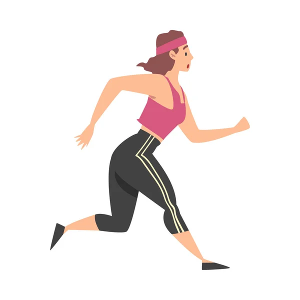 Žena oblečená ve sportovním oblečení Jogging nebo běh, sportovní soutěž, venkovní ráno cvičení Cartoon Style Vector Illustration — Stockový vektor