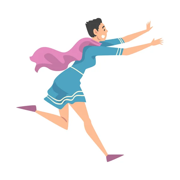 Frightened Young Woman in Blue Dress Running Away Cartoon Style Vector Illustration — Stock Vector