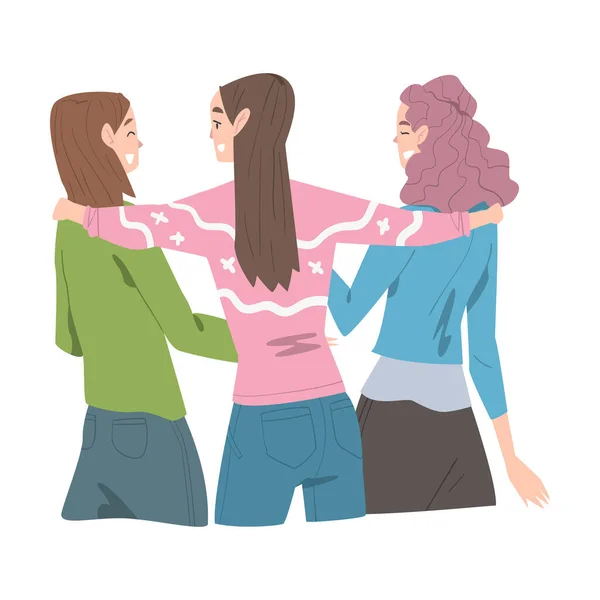 두 소녀 Hugging, Back View, Joy Meeting of Friends, Female Friendship Concept Cartoon Style Vector Illustration — 스톡 벡터