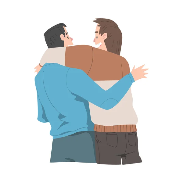 Two Men Hugging, View from Behind, Male Friendship Concept Cartoon Style Vector Illustration — Stock Vector