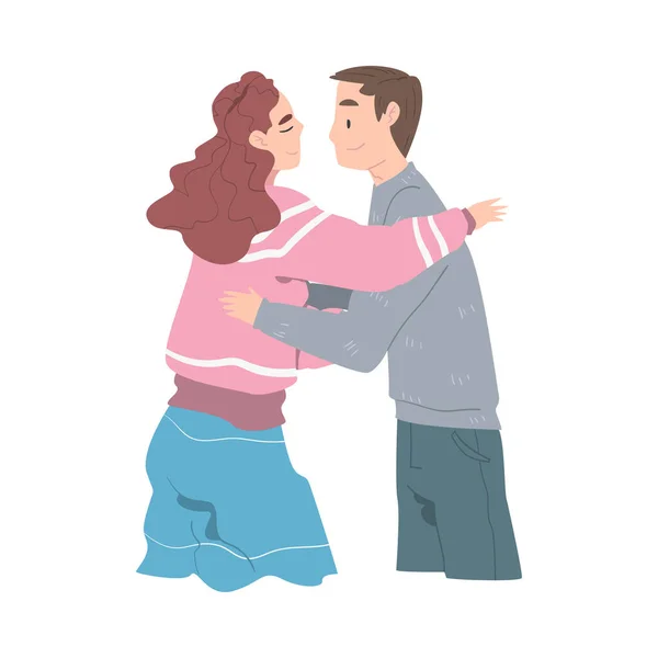 Ζευγάρι αγκαλιάζει, Συνάντηση των φίλων, κορίτσι και ο τύπος αγκαλιάζει ο ένας τον άλλο Cartoon Style Διάνυσμα Illustratio — Διανυσματικό Αρχείο