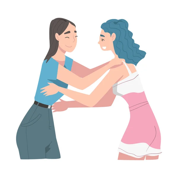 Dvě dívky objímání, radostné setkání přátel, ženské přátelství koncepce karikatura styl vektorové ilustrace — Stockový vektor