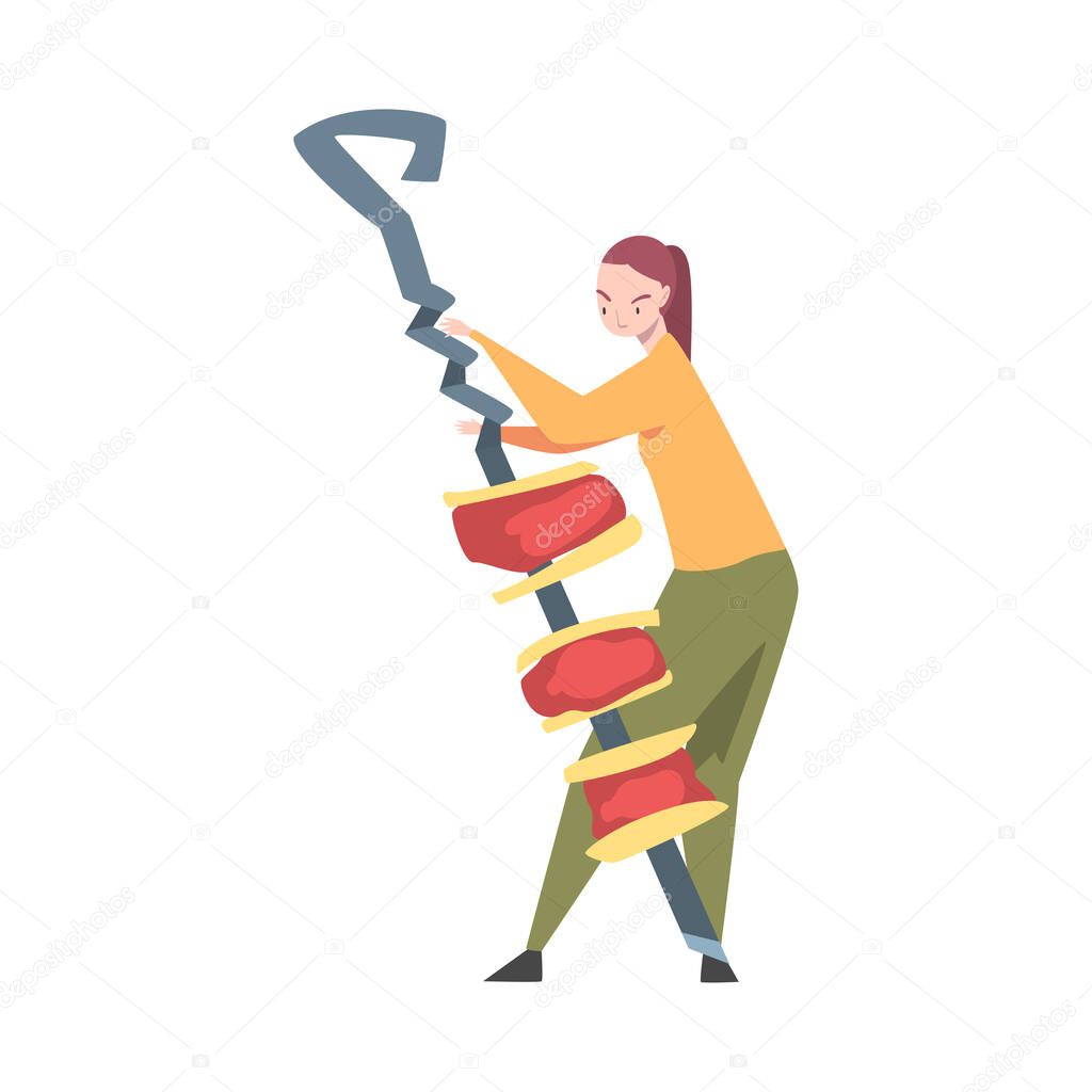 Little Female Carrying Huge Shashlik on Skewer Vector Illustration