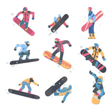 Dağlarda Snowboard yapan insanlar, Kış Giysileri Giyen Snowboardcular ve Gözlüklü Zıplayan ve Uçan, Aşırı Spor Aktiviteleri, Kış Tatil Çizgi Filmi Vektör Resimleri