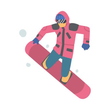 Snowboardcu Kış Giysileri Giyinen ve Sıçrayarak Gözlük Giyen, Ekstrem Spor Faaliyetleri, Kış Tatili Çizgi Filmi Stili Vektör Çizimi