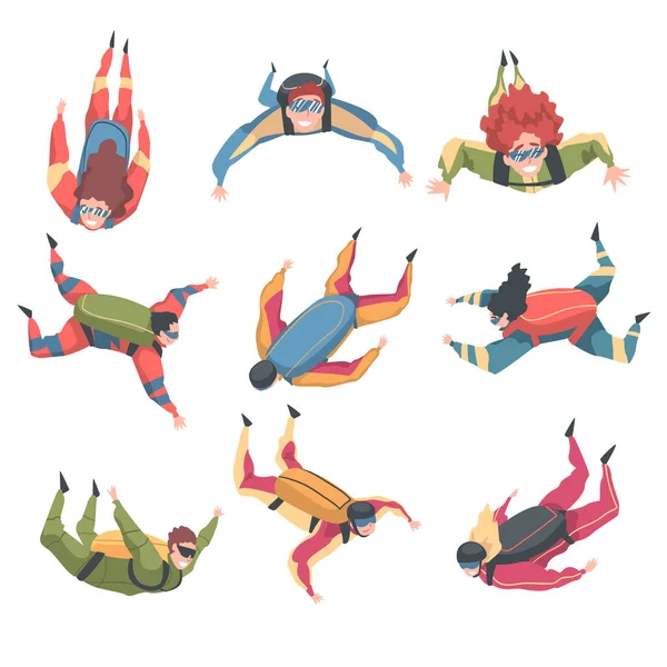 Paracaidistas disfrutando del conjunto de caída libre, gente saltando con paracaídas en el cielo, paracaidismo Extreme Sport Cartoon Style Vector Illustration — Vector de stock