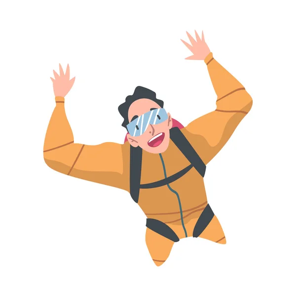 Skydiver Genieten van vrije val Vrijheid, Lachende Persoon Springen met Parachute, Skydiving Extreme Sport Cartoon Style Vector Illustratie — Stockvector