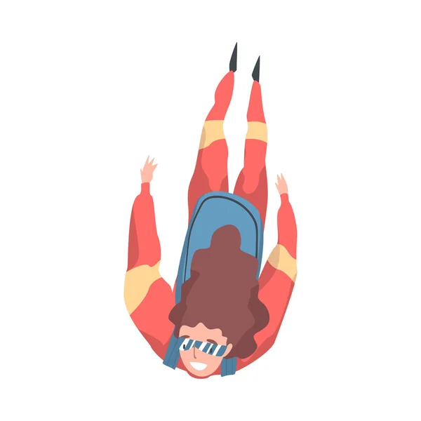 Fallschirmspringerin macht Base Jump, Person springt mit Fallschirm in den Himmel, Fallschirmspringen Extremsport Cartoon Style Vector Illustration — Stockvektor