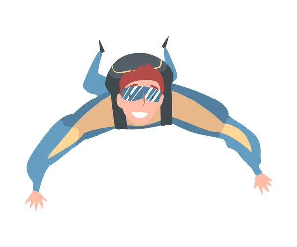 Man Skydiver genietend van vrije val vrijheid, glimlachende man springen met parachute in de lucht, parachutespringen extreme sport cartoon stijl vectorillustratie — Stockvector