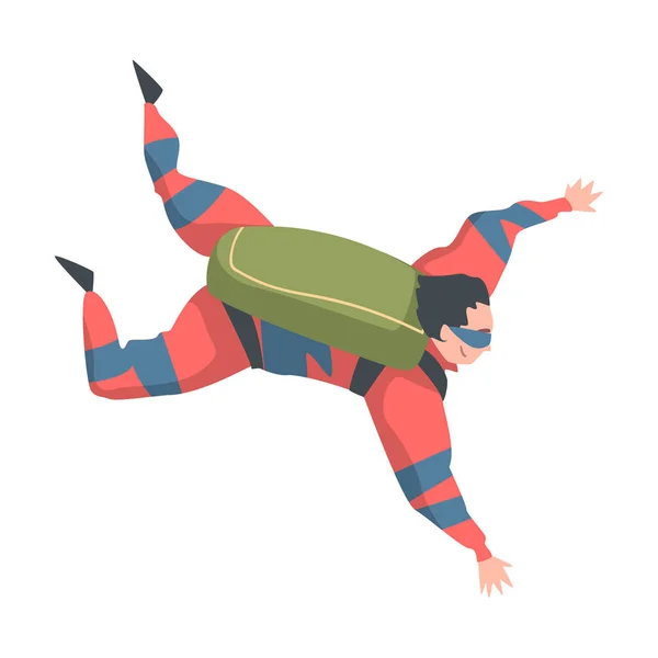 Man Skydiver Göra Freefall Jump, Person Hoppa med fallskärm i himlen, Skydiving Fallskärmshoppning Extreme Sport Cartoon Style Vector Illustration — Stock vektor