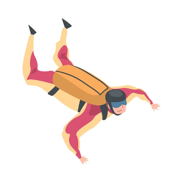 Skydiver Doing Base Jump with Parachute in Sky, Skydiving Parachuting Extreme Sport Cartoon Style Vector Illustration — Vetor de Stock