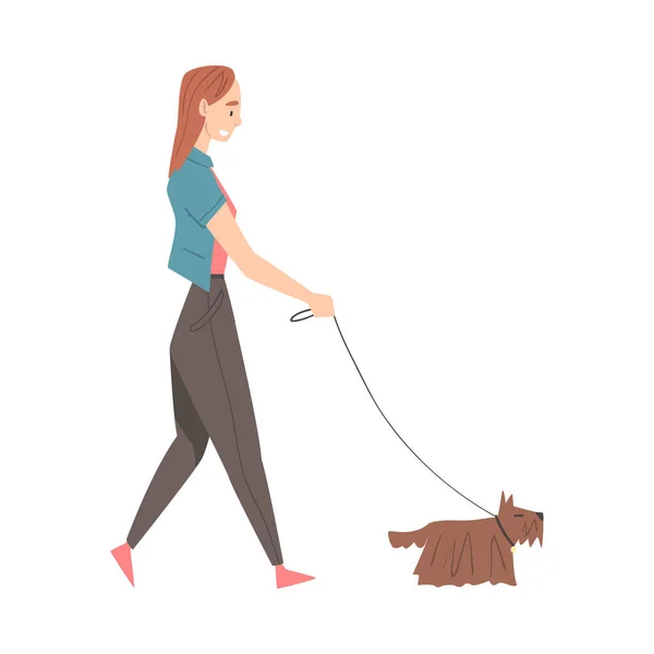 Девочка, гуляющая с собакой в парке — стоковый вектор