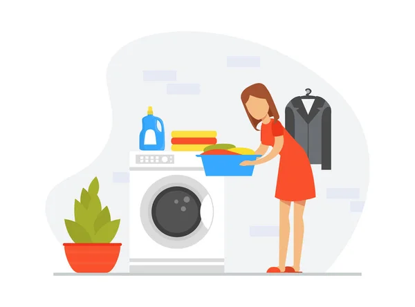 Wanita muda Memuat Pakaian untuk Cuci di Laundry Cartoon Vector Illustration - Stok Vektor
