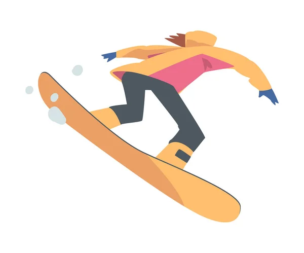Mann Snowboard in den Bergen, Snowboarder Charakter in Winterkleidung gekleidet im Sprung, Extremsport-Aktivitäten, Winterurlaub Cartoon-Stil Vektor Illustration — Stockvektor