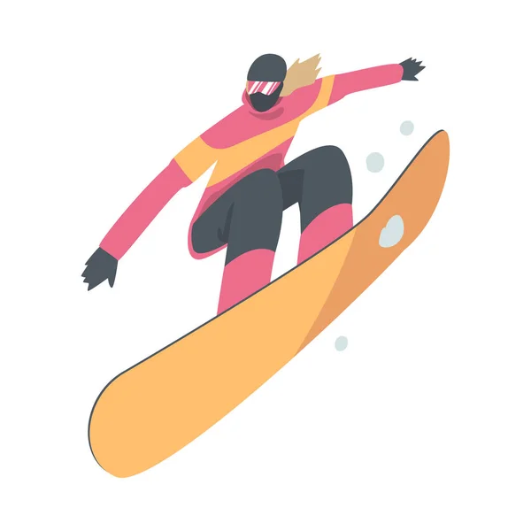Dziewczyna Snowboarding w górach, Snowboarder postać ubrana w odzież zimową w skoku, Ekstremalne zajęcia sportowe, Zimowe wakacje Styl kreskówek Wektor ilustracji — Wektor stockowy