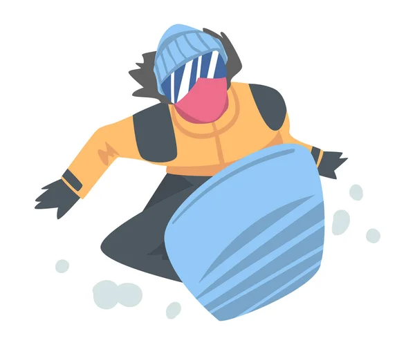Snowboarder Character Dressed in Winter Clothing in Jump, Extreme Sport Activities, Winter Vacation Cartoon Style Vector Illustration — Stock Vector