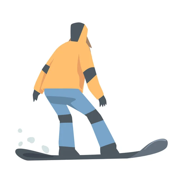 Zpět Pohled na postavy snowboardisty oblečené v zimním oblečení, extrémní sportovní aktivity, zimní dovolená Cartoon Style Vector Illustration — Stockový vektor