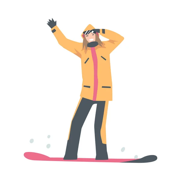 Feliz Sorrindo Menina Snowboarding, Personagem Snowboarder Vestido com Vestuário de Inverno, Atividades Esportivas Extremas, Férias de Inverno Desenhos Animados Estilo Vector Ilustração — Vetor de Stock