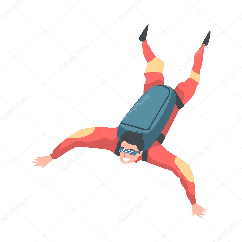 Skydiver Enjoying Freefall Freedom, Man Jumping with Parachute, Skydiving Extreme Sport Cartoon Style Vector Illustration