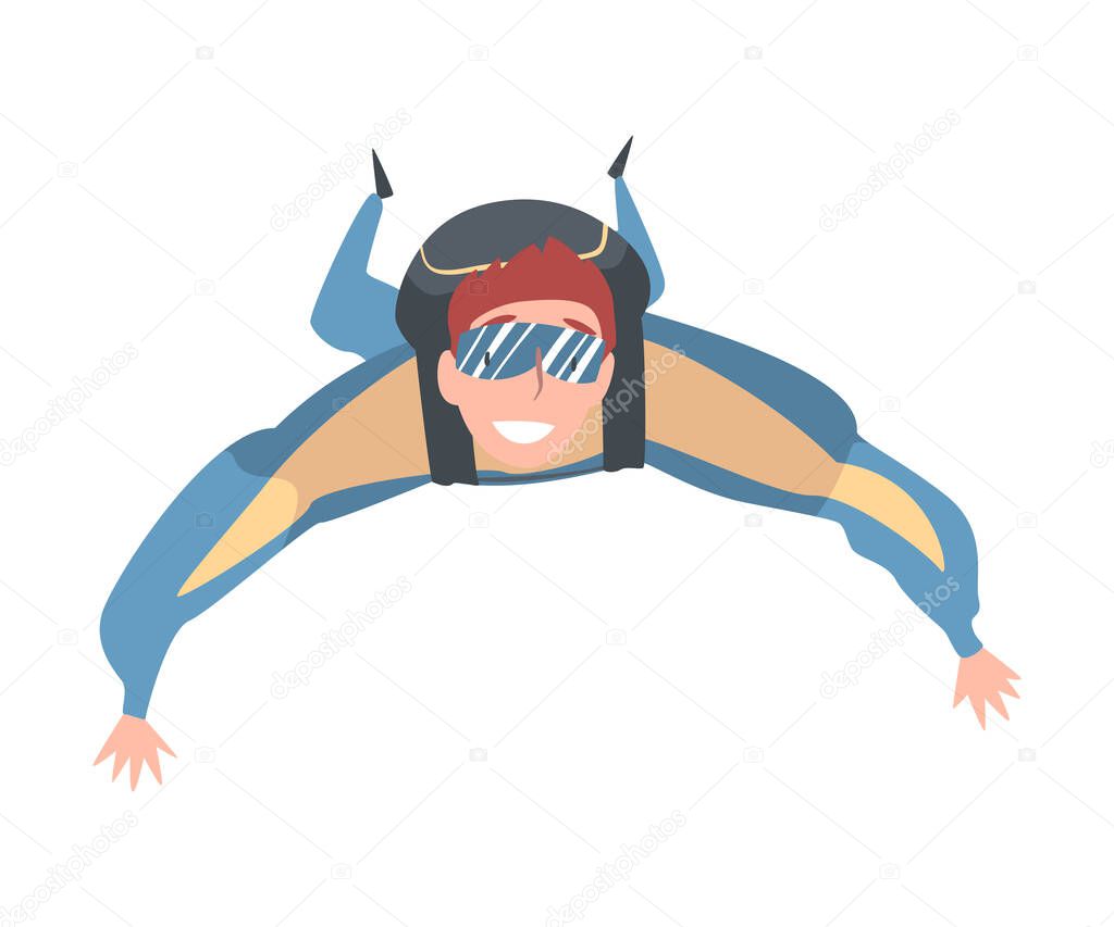 Male Skydiver Enjoying Freefall Freedom, Smiling Man Jumping with Parachute in Sky, Skydiving Parachuting Extreme Sport Cartoon Style Vector Illustration