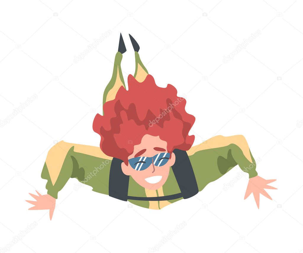 Girl Skydiver Enjoying Freefall Freedom, Woman Jumping with Parachute in Sky, Skydiving Parachuting Extreme Sport Cartoon Style Vector Illustration