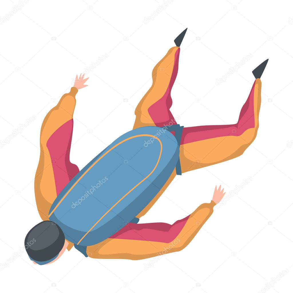 Man Skydiver Doing Base Jump with Parachute, Skydiving Parachuting Extreme Sport Cartoon Style Vector Illustration
