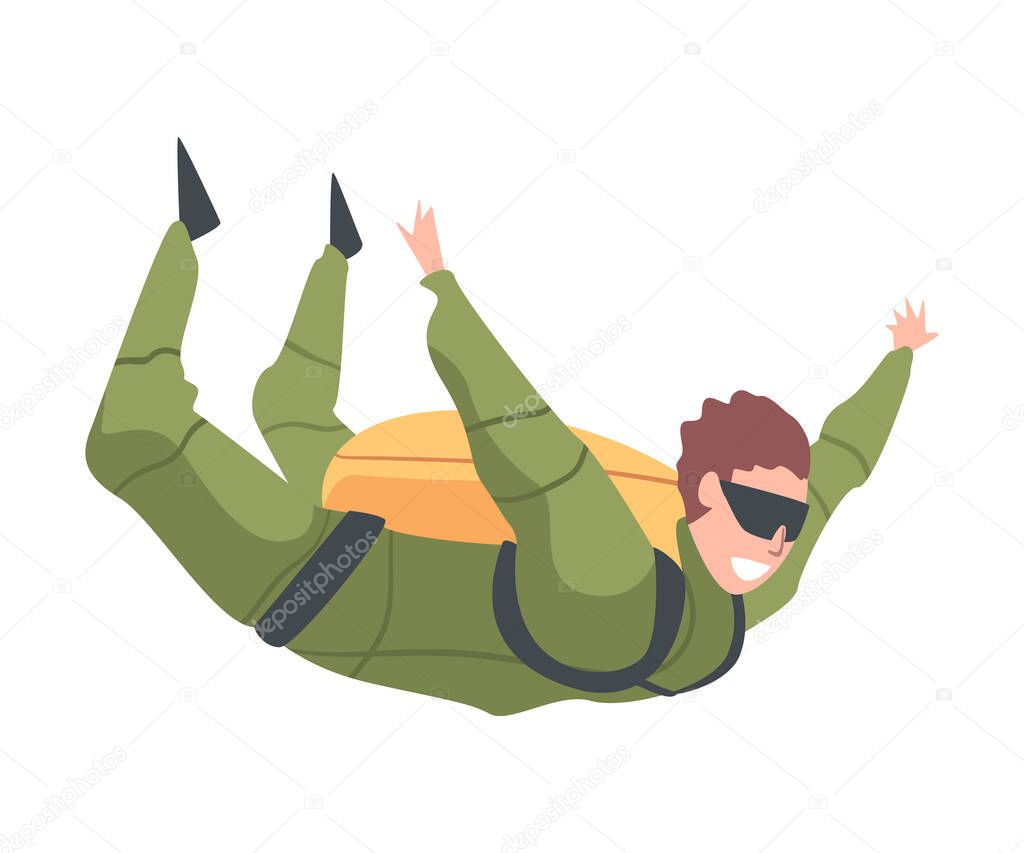 Skydiver Enjoying Freefall Freedom, Happy Person Jumping in Sky, Skydiving Parachuting Extreme Sport Cartoon Style Vector Illustration