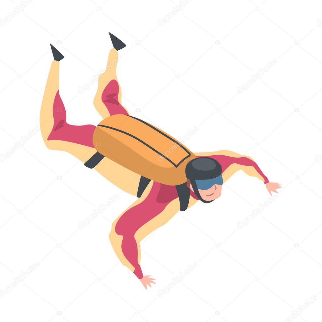 Skydiver Doing Base Jump with Parachute in Sky, Skydiving Parachuting Extreme Sport Cartoon Style Vector Illustration