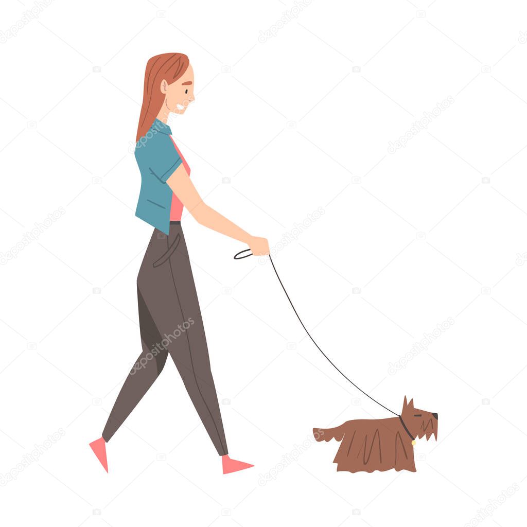 Girl Walking with Dog in Park Cartoon Style Vector Illustration