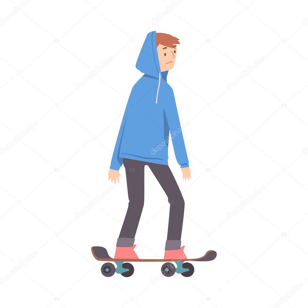 Teenage Boy Scateboarding, Summer Outdoor Activities Cartoon Style Vector Illustratio