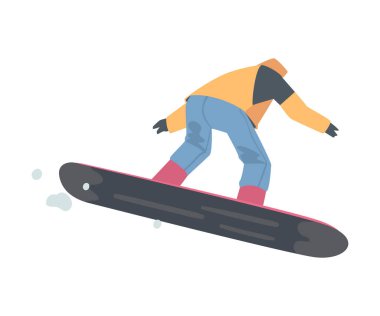 Snowboardcu Karakteri Dağlarda Atlama, Ekstrem Spor Faaliyetleri, Kış Tatili Çizgi Filmi Şekil Vektör Çizimi
