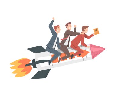 İş Ekibi Roket Gemisinde Uçuyor, Liderlik, Başarılı Başlangıç İş Konsepti Çizgi Film Biçimlendirme Vektörü