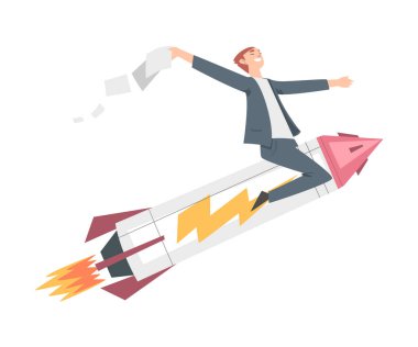 Başarılı İşadamı Roket Gemisinde Uçuyor, Liderlik, Rekabetçi Avantaj, Başlangıç İş Konsepti Çizgi Film Stili Vektör İlülasyonu