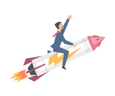 Başarılı İşadamı Riding Rocket, Liderlik, Rekabetçi Avantaj, Başlangıç İş Konsepti Çizgi Film Stili Vektör İlülasyonu