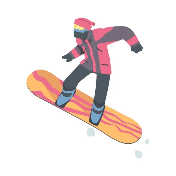 Snowboarder in winterkleding en -brillen Springen in de bergen, Extreme sportactiviteiten, Wintervakantie Cartoon Style Vector Illustratie — Stockvector