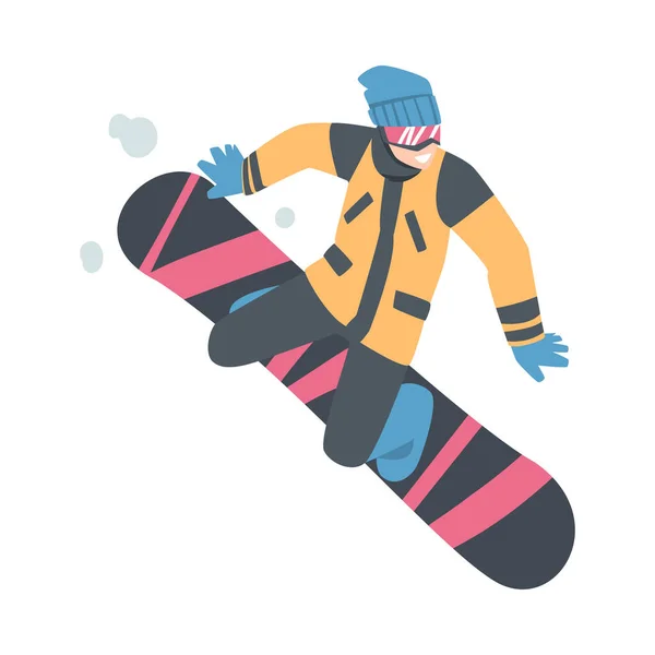 Snowboarder Saltar en las montañas, Actividades de deporte extremo, Vacaciones de invierno Dibujos animados Estilo Vector Ilustración — Vector de stock