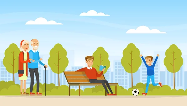 Люди отдыхают на природе в городском парке, пожилая пара прогулки, молодой человек сидит на скамейке и читает книгу, милый мальчик играет с мяч мультфильм стиль вектор иллюстрации — стоковый вектор