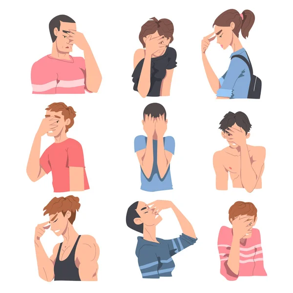 Embarrassed People Set, Regretful Persons Sorry, Apologizing and and Admitting their Guilt Cartoon Style Vector Illustration — Stock Vector