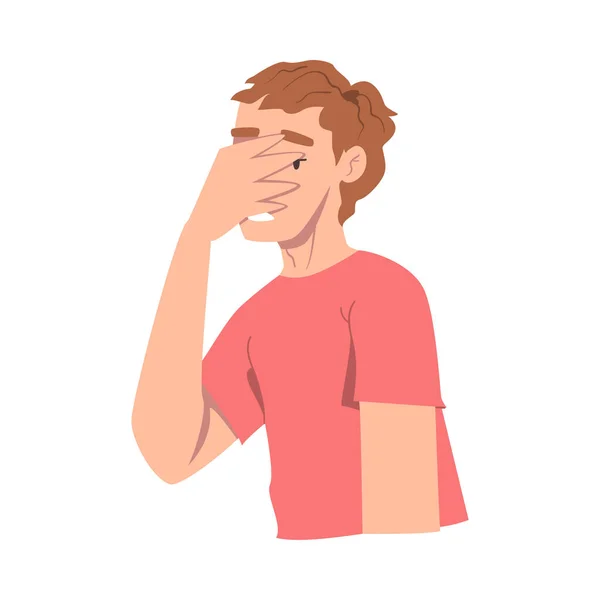 Ztrapněný chlap zakrývající si tvář rukou, politováníhodná osoba se omlouvá a omlouvá karikatura styl vektorové ilustrace — Stockový vektor