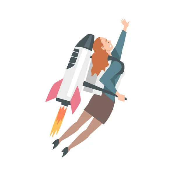 Businesswoman Flying on Rocket Ship, Leadership, Successful Startup Business Concept Cartoon Style Vector Illustration Stok Vektor Bebas Royalti