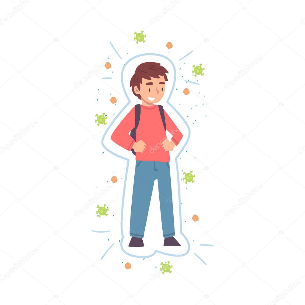 Healthy Smiling Boy Reflecting Bacteria and Viruses Attack, Strong Immune System Concept Cartoon Style Vector Illustration