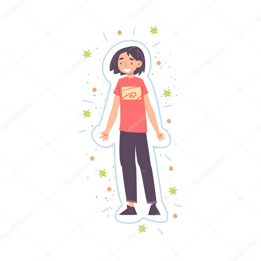 Healthy Smiling Teen Girl Reflecting Bacterias and Viruses Attack, Strong Immune System Concept Cartoon Style Vector Illustration