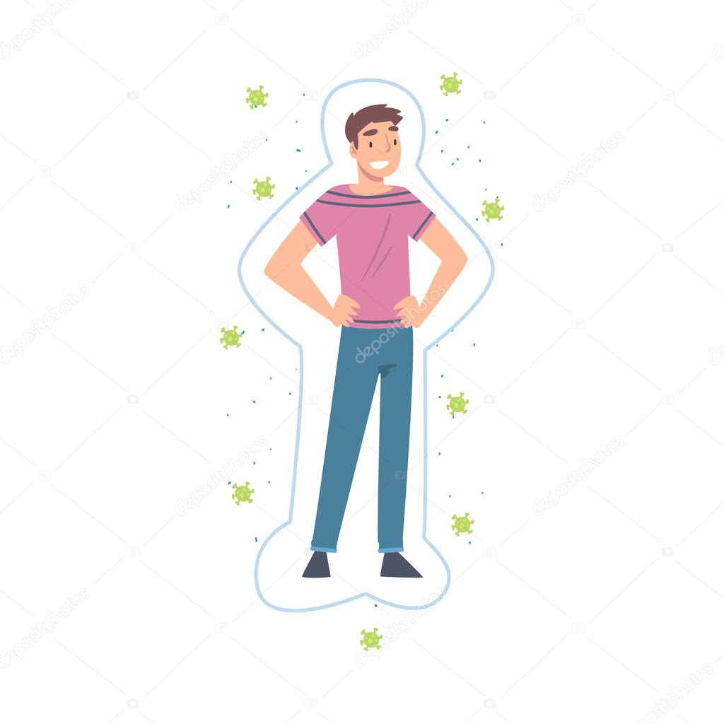 Smiling Man Protected from Bacterias, Viruses and Germs, Strong Immune System Concept Cartoon Style Vector Illustration