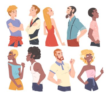 Çeşitli Yüz İfadeleri Olan Erkek ve Kadınlar Çizgi Film Biçimi Vektör Resmini Ayarladı